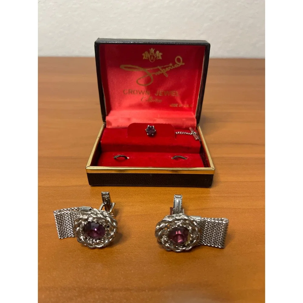 Vintage Imperial Crown Jewel Collection Purple Rhinestone Mesh Cufflink Set